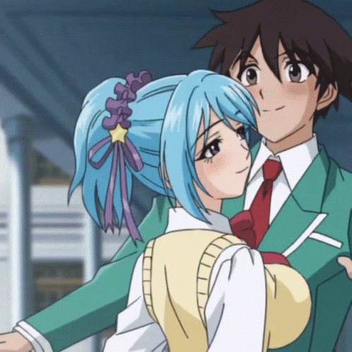 A Girl With Blue Hair Is Hugging A Boy In A Suit GIF