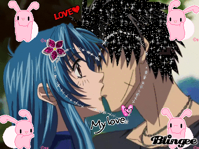 A Girl With Blue Hair Is Kissing A Boy With Black Hair With The Words " My Love " On The Bottom GIF