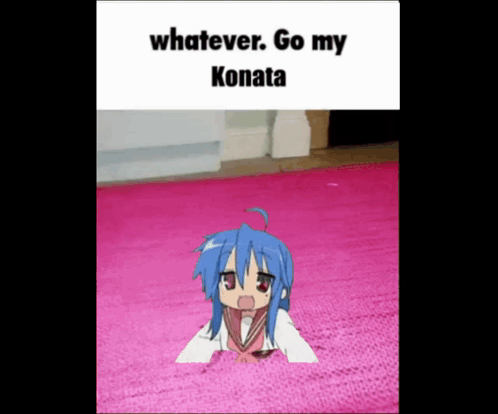 A Girl With Blue Hair Is Laying On A Pink Rug With The Words Whatever Go My Konata Above Her GIF