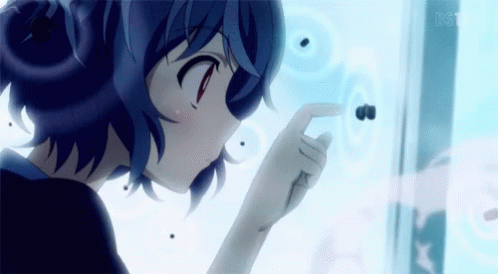 A Girl With Blue Hair Is Looking At A Black Bug On Her Finger GIF