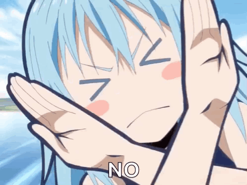A Girl With Blue Hair Is Making A No Gesture With Her Hands . GIF