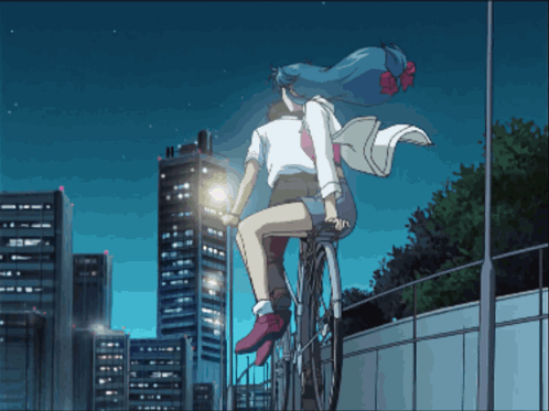 A Girl With Blue Hair Is Riding A Bike With A Man Behind Her GIF