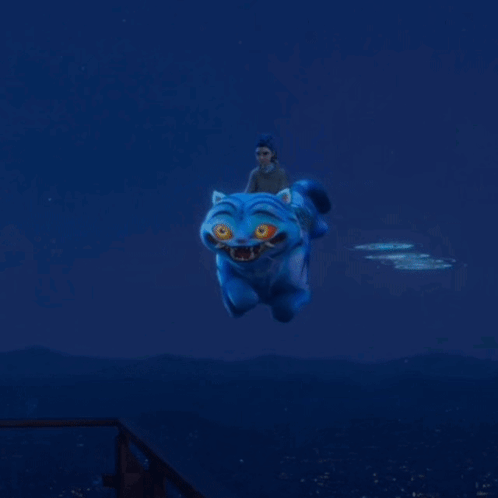 A Girl With Blue Hair Is Riding On The Back Of A Blue Tiger GIF