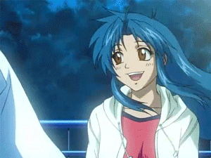 A Girl With Blue Hair Is Smiling And Wearing A White Jacket GIF