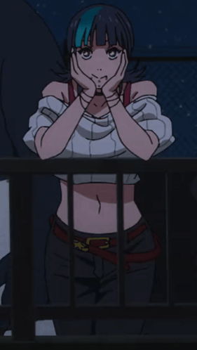 A Girl With Blue Hair Is Standing Behind A Fence With Her Hands On Her Face GIF