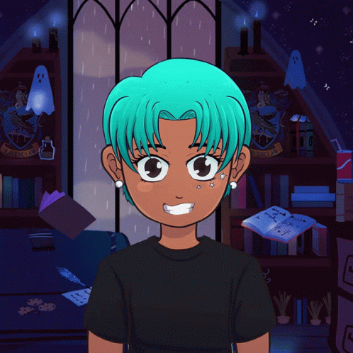 A Girl With Blue Hair Is Standing In Front Of A Shelf With Books And A Crest That Says Gryffindor On It GIF