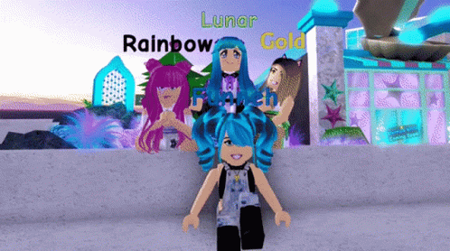 A Girl With Blue Hair Is Standing In Front Of A Sign That Says Rainbow Gold GIF