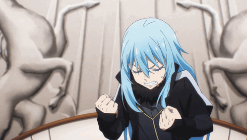 A Girl With Blue Hair Is Standing In Front Of A Wall With Horses GIF