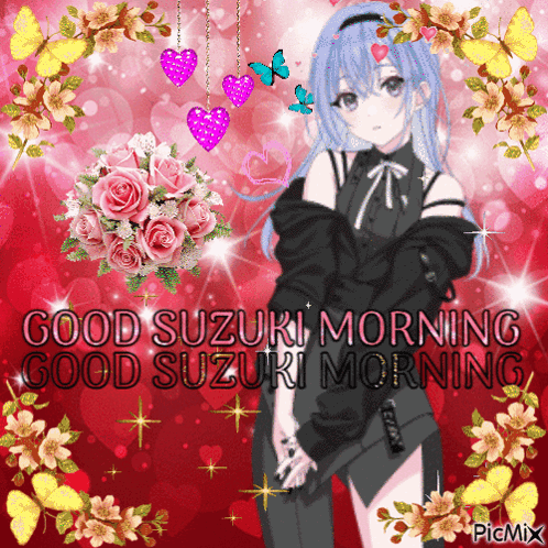A Girl With Blue Hair Is Surrounded By Pink Flowers And Butterflies And Says Good Suzuki Morning GIF
