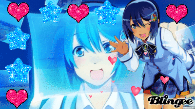 A Girl With Blue Hair Is Surrounded By Pink Hearts And Says Blingee On The Bottom GIF