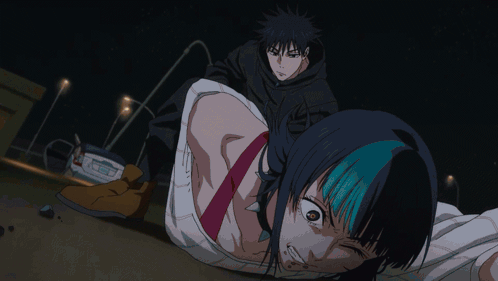A Girl With Blue Hair Is Tied Up By A Man In A Black Jacket GIF