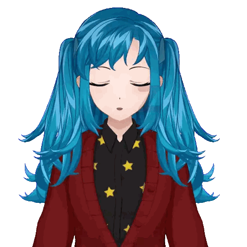 a girl with blue hair is wearing a red sweater with stars on it
