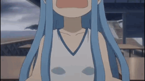 A Girl With Blue Hair Is Wearing A White Tank Top And A Blue Collar . GIF