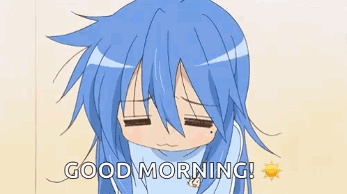 A Girl With Blue Hair Is Yawning And Says `` Good Morning '' . GIF