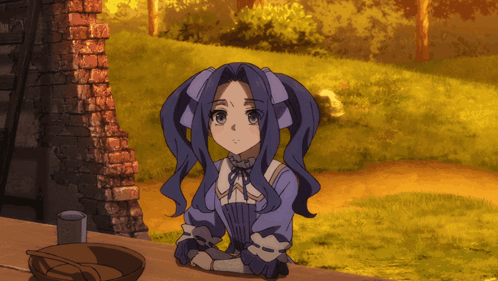 A Girl With Blue Hair Sits At A Table GIF