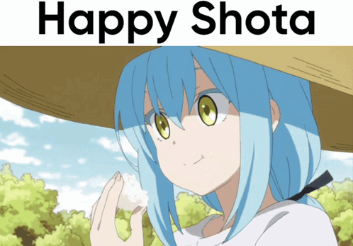 A Girl With Blue Hair Wearing A Straw Hat With The Words Happy Shota Above Her GIF