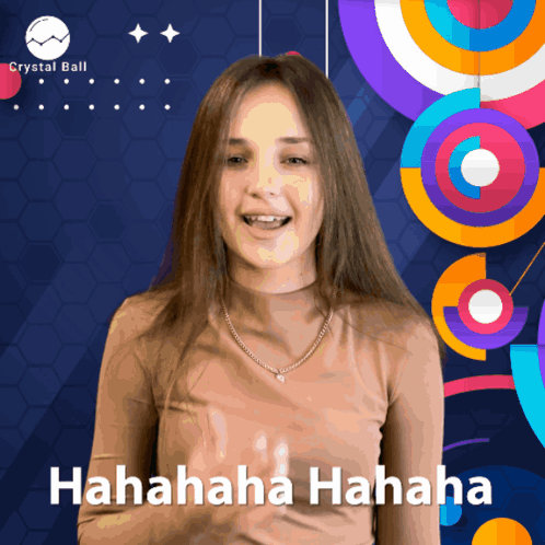 A Girl With Braces On Her Teeth Is Laughing In Front Of A Colorful Background That Says ' Crystal Ball ' On It GIF