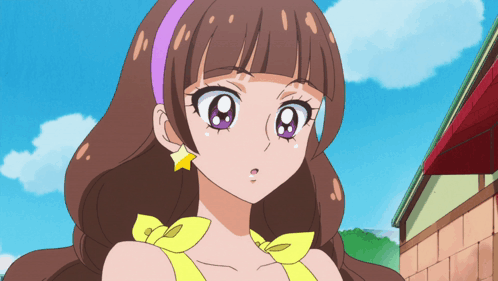 A Girl With Brown Hair And Purple Eyes Is Wearing A Yellow Dress GIF