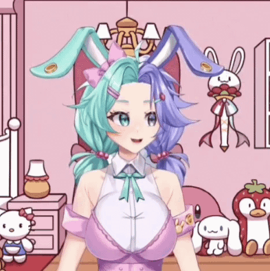 A Girl With Bunny Ears Is Standing In A Room With Stuffed Animals And A Hello Kitty . GIF