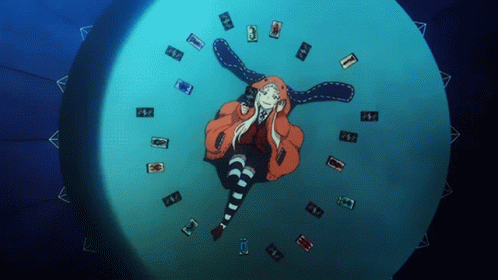 A Girl With Bunny Ears Is Surrounded By Playing Cards Including One That Says ' Sd ' On It GIF
