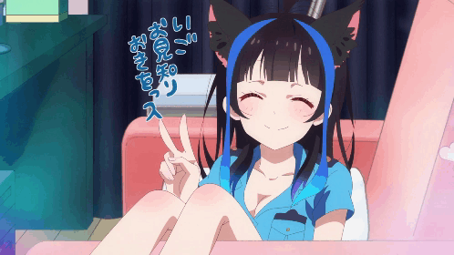 A Girl With Cat Ears And A Blue Headband Is Giving A Peace Sign GIF