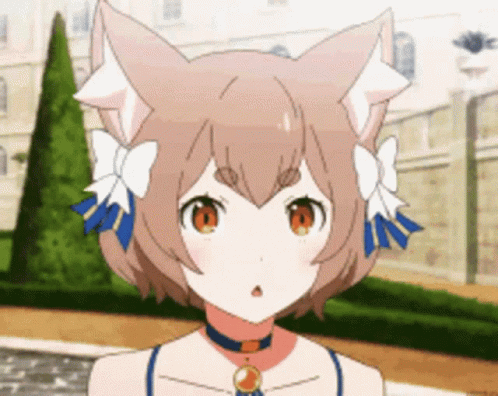 A Girl With Cat Ears And A Bow On Her Head Is Standing In Front Of A Building . GIF