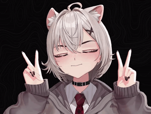 A Girl With Cat Ears And A Choker Is Making A Peace Sign GIF