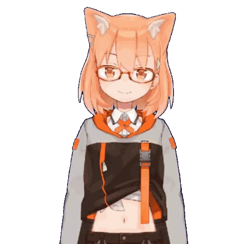 a girl with cat ears and glasses is wearing a black and orange shirt