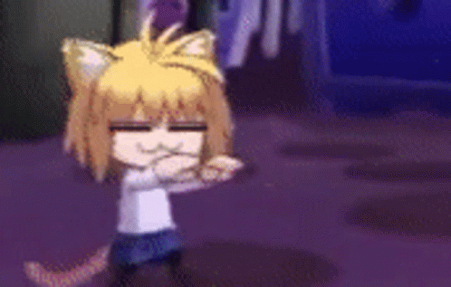 A Girl With Cat Ears Is Dancing In A Room With A Purple Background . GIF