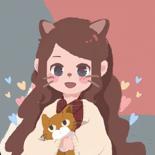 A Girl With Cat Ears Is Holding A Brown Cat GIF