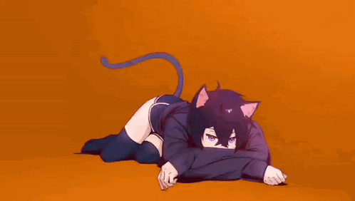 A Girl With Cat Ears Is Laying On The Floor With Her Head On Her Knee . GIF