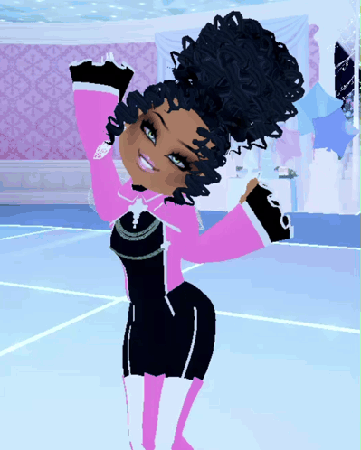 A Girl With Curly Hair And A Pink And Black Outfit GIF