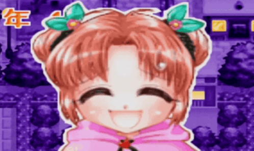 A Girl With Flowers In Her Hair Is Smiling In Front Of A Purple Background GIF
