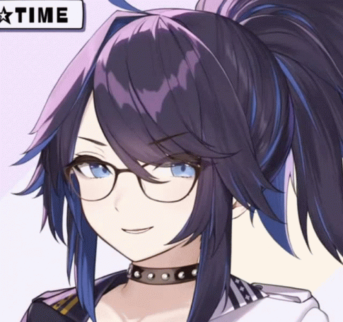 A Girl With Glasses And A Choker Is Smiling In Front Of A Time Sign GIF