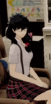A Girl With Glasses And A Plaid Skirt Is Sitting In Front Of A Sign That Says ' A ' On It GIF