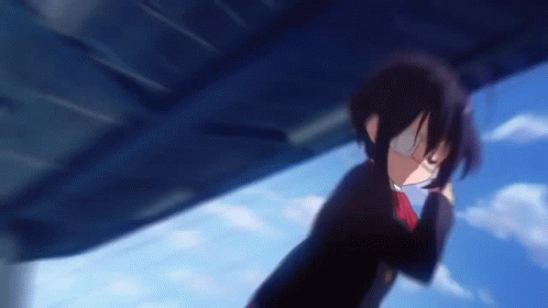 A Girl With Glasses And A Red Bow Tie Is Standing Under A Blue Sky . GIF