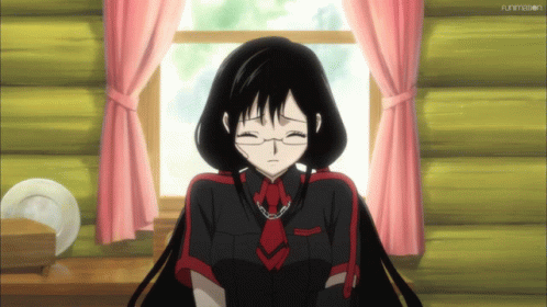 A Girl With Glasses And A Red Tie Stands In Front Of A Window With Funimation Written On The Bottom Right GIF