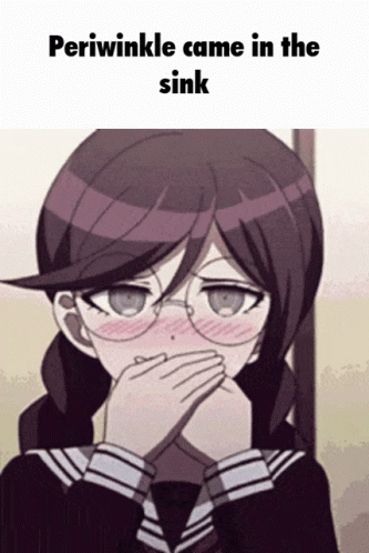 A Girl With Glasses Covering Her Mouth With Her Hands And The Words Periwinkle Came In The Sink Below Her GIF