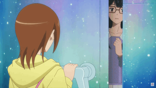 A Girl With Glasses Is Standing In A Doorway GIF