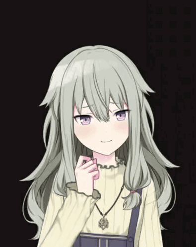 A Girl With Gray Hair And Blue Eyes Is Wearing A Necklace GIF