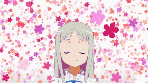 A Girl With Gray Hair And Blue Eyes Stands In Front Of A Background Of Pink Flowers GIF