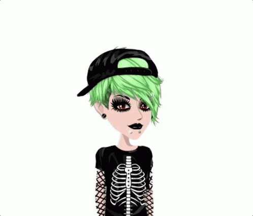 A Girl With Green Hair And A Black Hat Is Surrounded By Hearts GIF