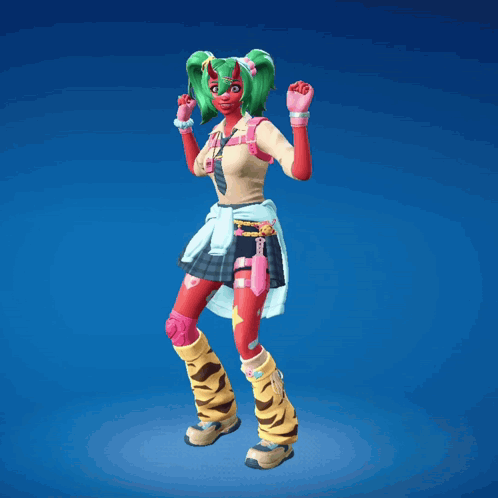 A Girl With Green Hair And A Red Face Is Standing On A Blue Background GIF