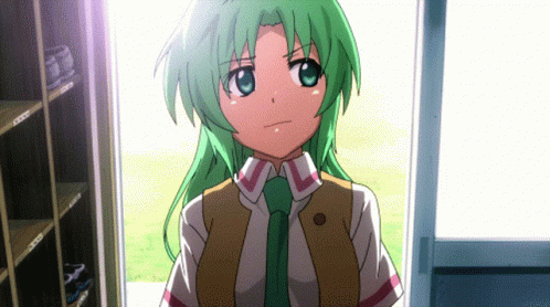 A Girl With Green Hair And A Tie Is Standing In A Doorway GIF