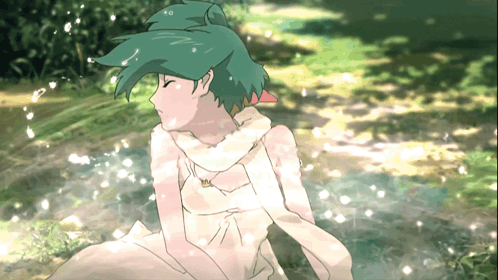 A Girl With Green Hair And A White Dress Is Sitting In A Field GIF