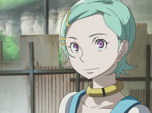 A Girl With Green Hair And Purple Eyes Is Wearing A Choker Around Her Neck GIF