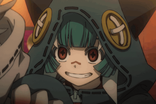 a girl with green hair and red eyes is wearing a hood and smiling