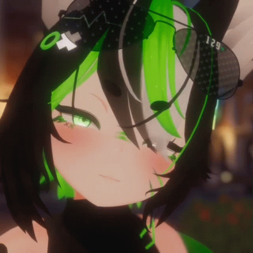A Girl With Green Hair And Sunglasses With The Number 129 GIF