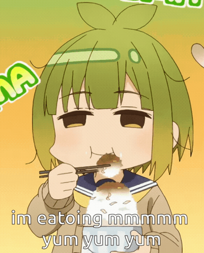 A Girl With Green Hair Is Eating Rice With Chopsticks And The Caption Im Eating Mmmm Yum Yum Yum GIF