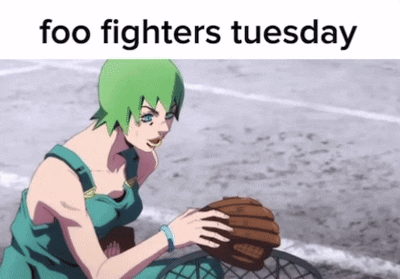 A Girl With Green Hair Is Holding A Baseball Glove And The Words Foo Fighters Tuesday Are Above Her GIF